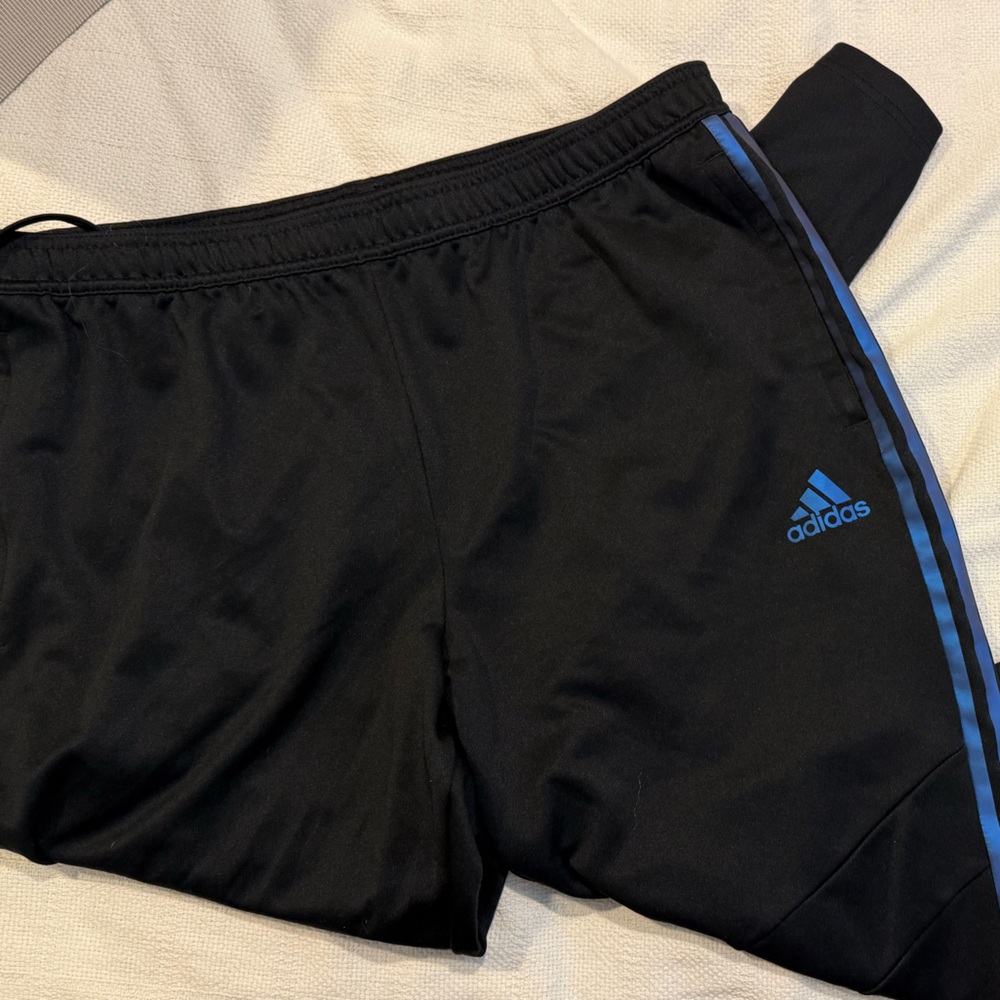 Adidas Black Joggers with Blue Stripes